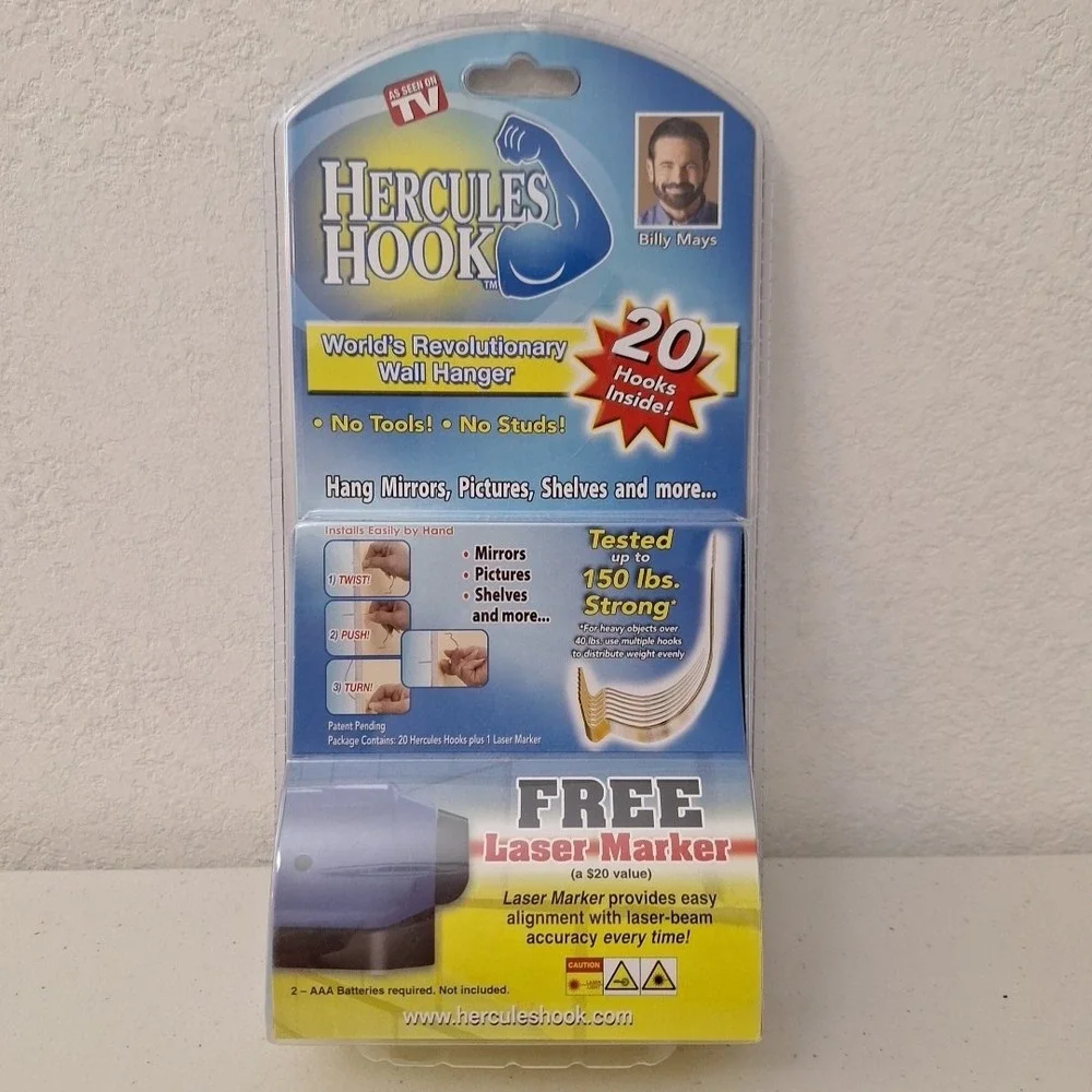 NEW Sealed, Package of 20 Hercules Hooks Wall Picture Hangers BONUS Laser Marker